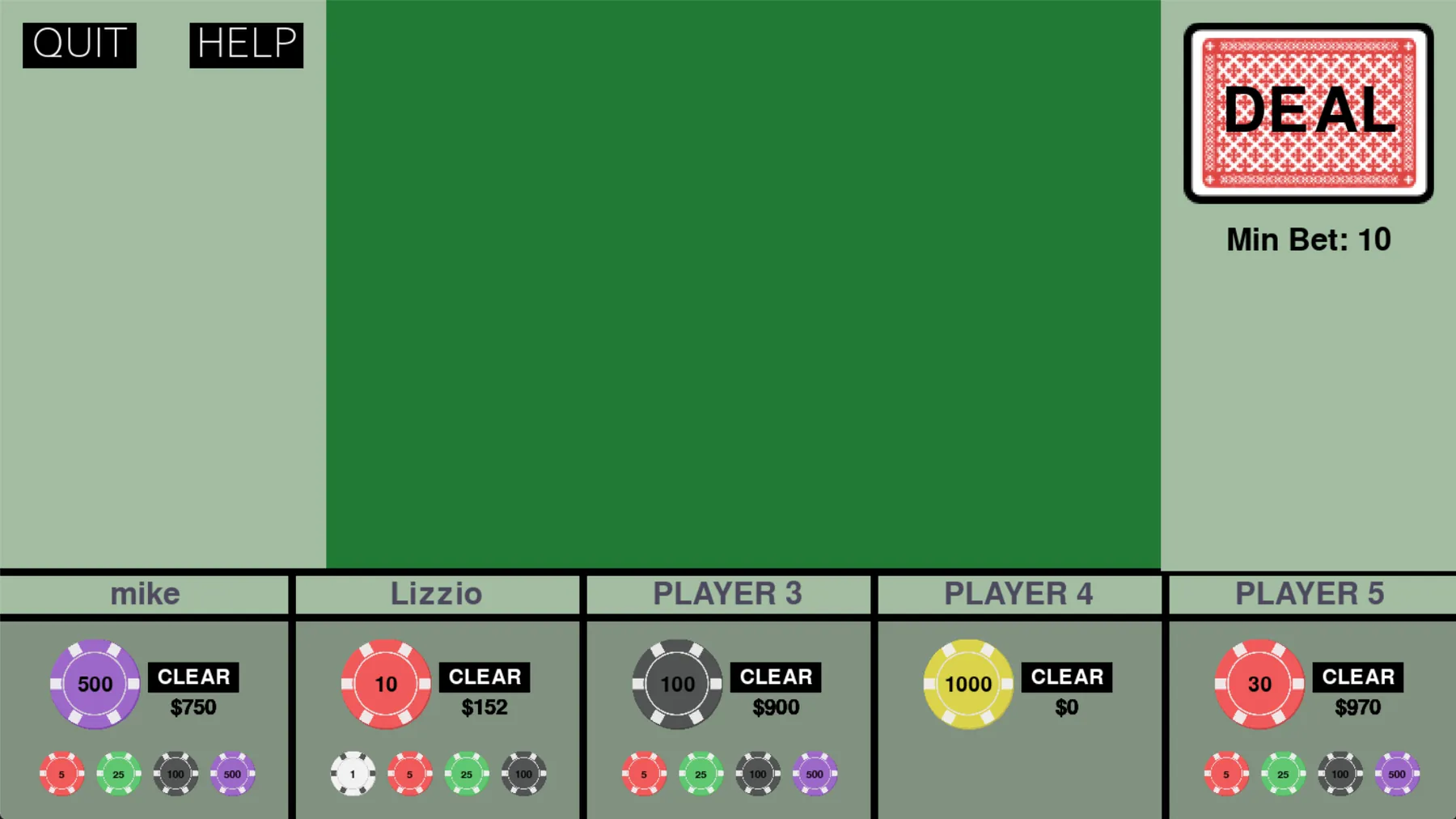 Betting screen for five players with a minimum bet of ten and colored chip controls