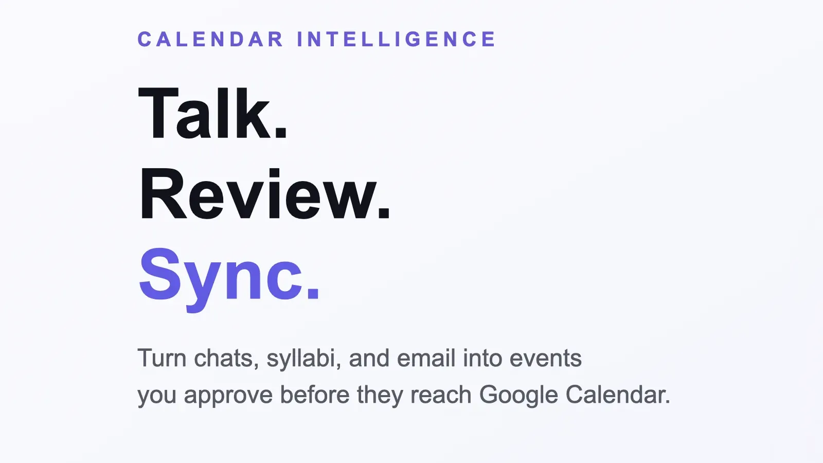 CalCardo title beside a calendar icon and the phrases talk, review, and sync