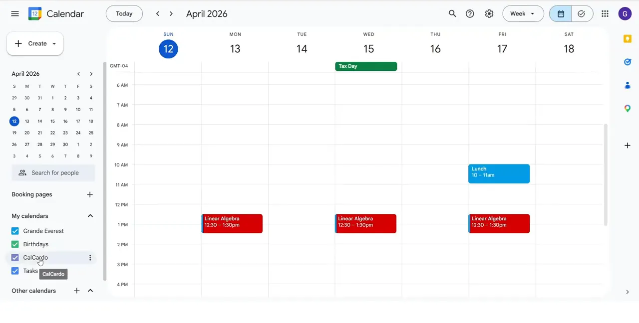 Google Calendar week view showing a lunch and recurring Linear Algebra events