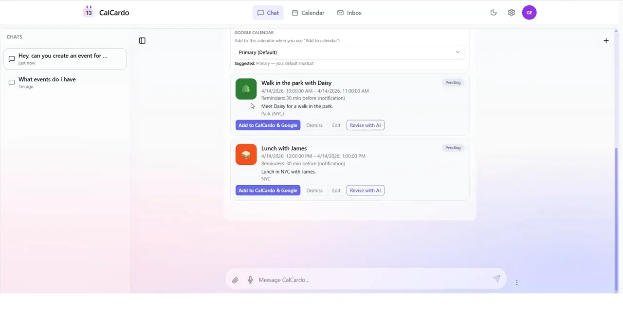 CalChat showing separate pending drafts for a walk in the park and lunch with a friend