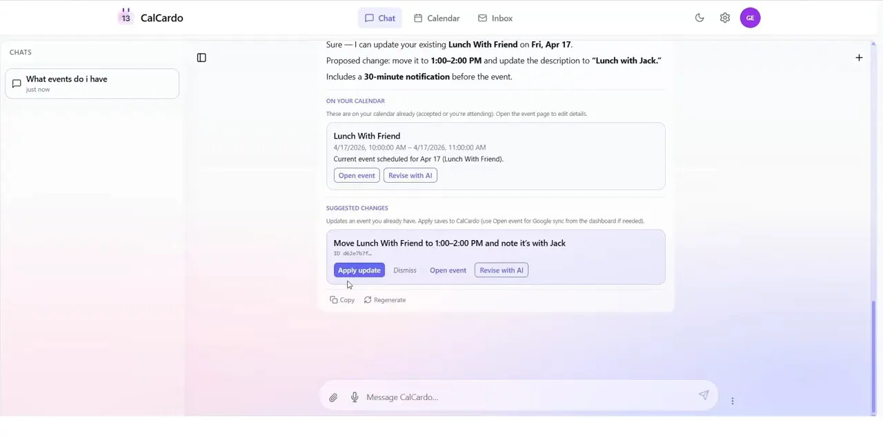 CalChat showing an existing lunch beside a suggested change to move it and update its description