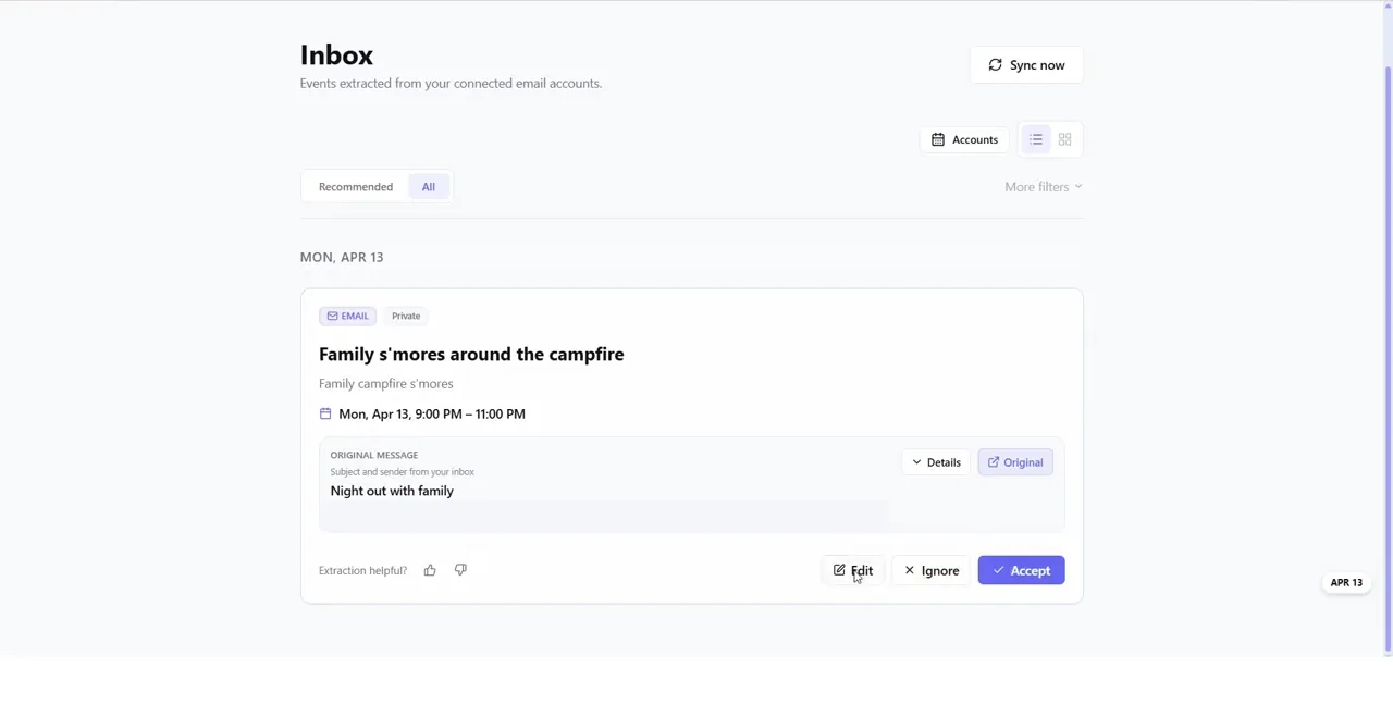 CalCardo inbox showing a private campfire event extracted from an email with Edit, Ignore, and Accept controls