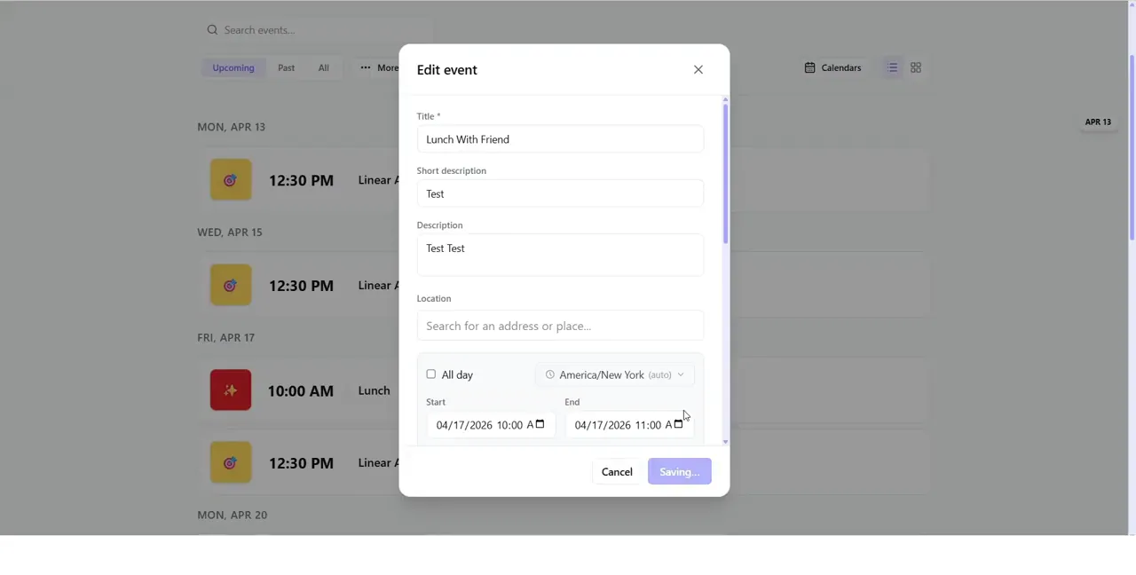 CalCardo event editor showing the title, descriptions, timezone, date, and time fields for a lunch
