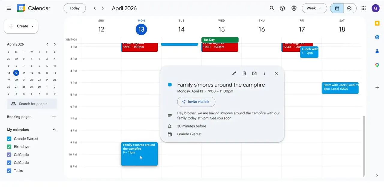 Google Calendar showing the accepted family campfire event from 9 to 11 PM with its description and reminder
