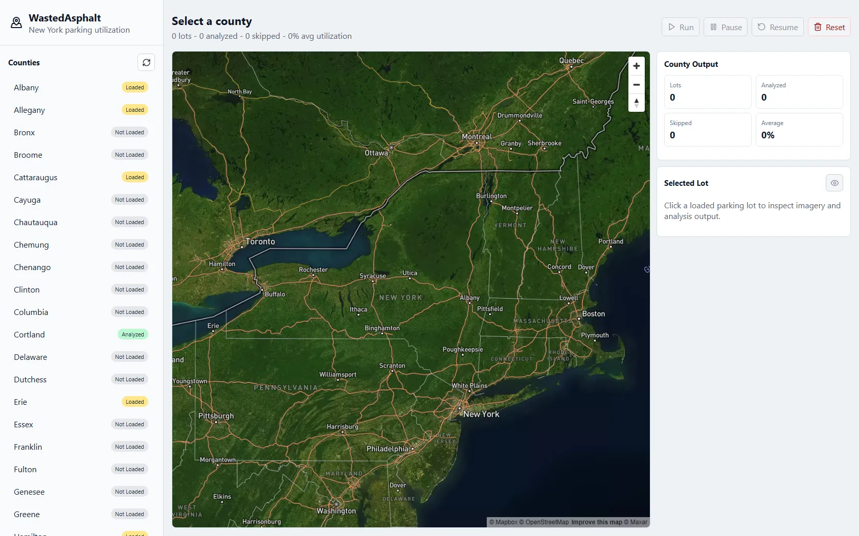 WastedAsphalt county picker with a New York map, county list, and analysis panels